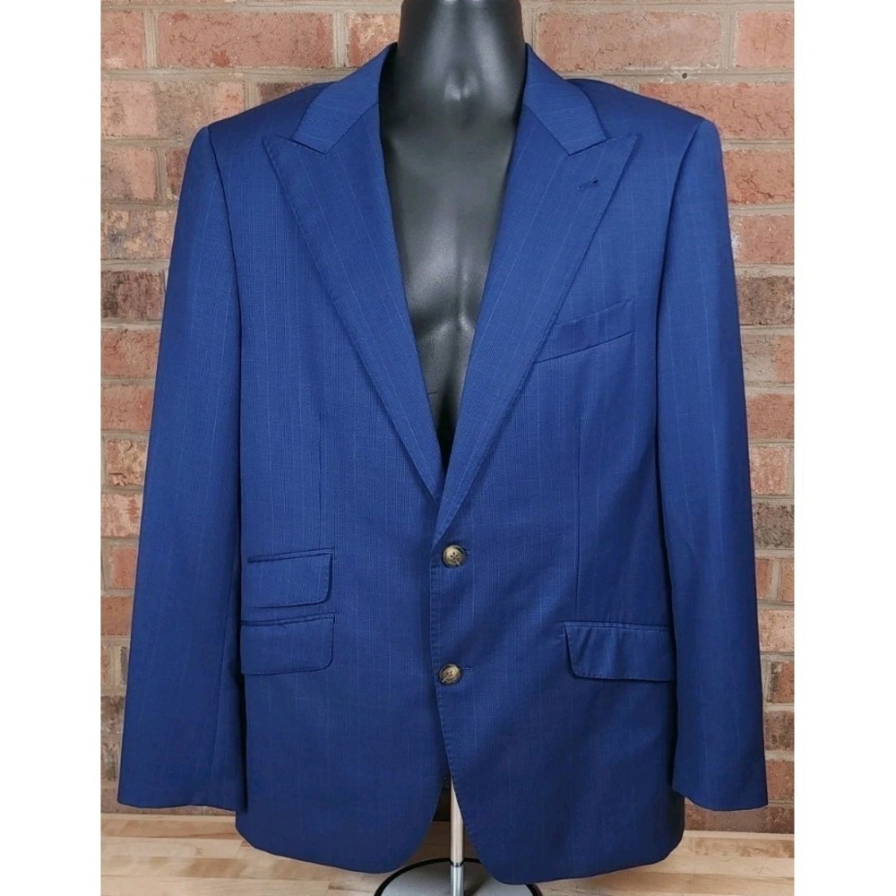 Indochino Bespoke Blue Plaid Woven Wool Sport Coat Jacket Blazer 42L